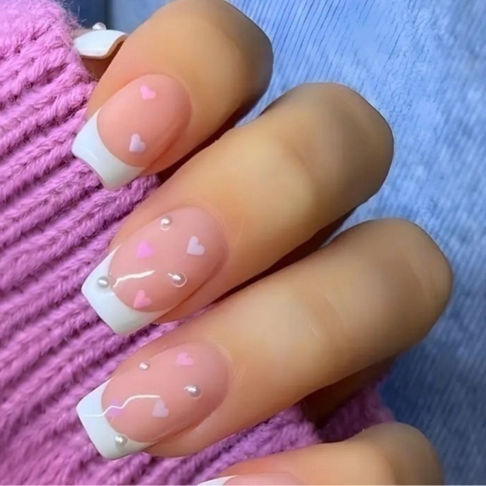 Embellished French Manicure Medium Square Press-On Nails